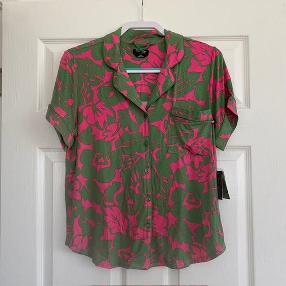 Kate Spade Pajama Set Shortie Pink & Green Floral Pockets Women's Medium NWT - Picture 2 of 12